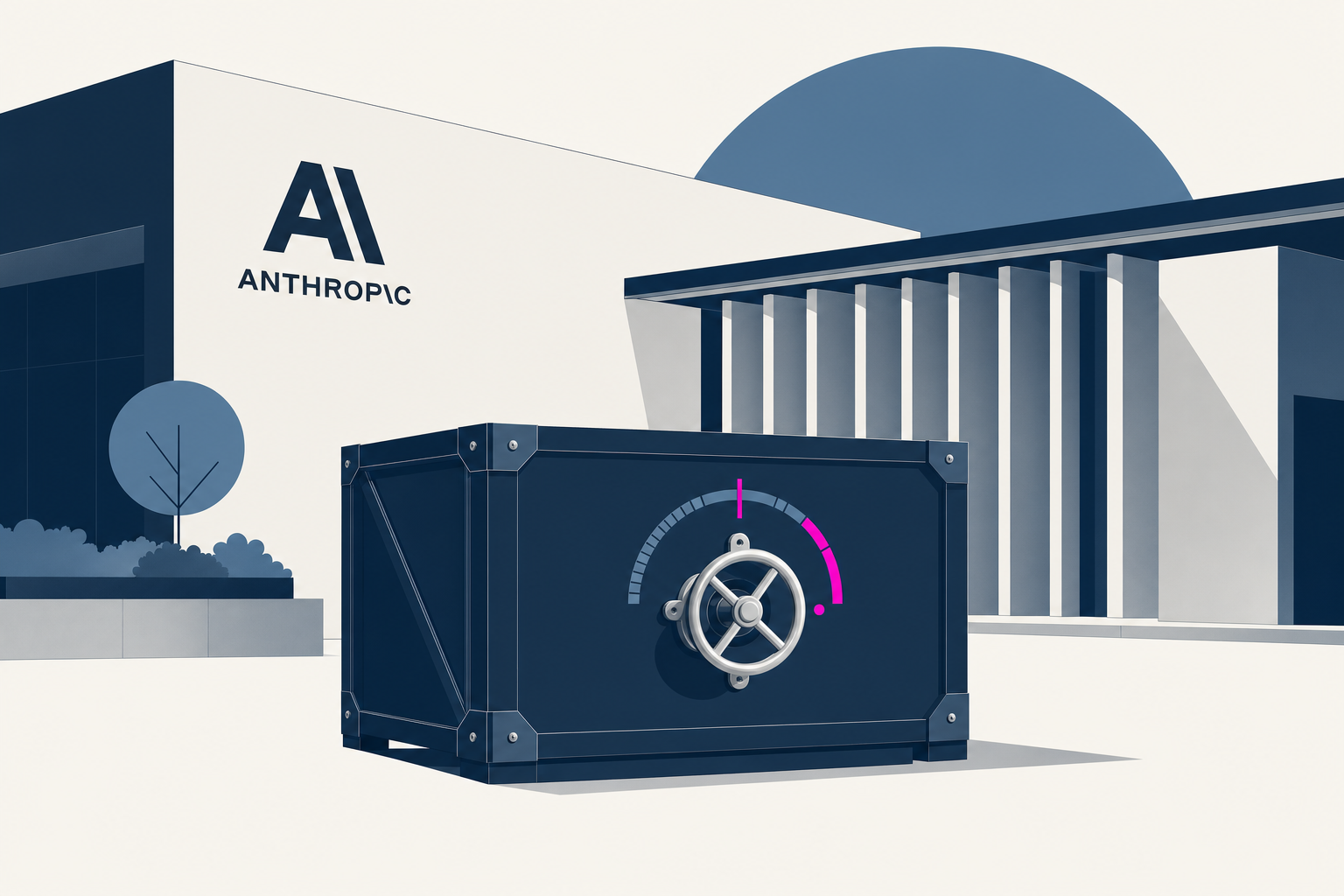 Minimal editorial scene of Anthropic-style AI safety oversight and controlled throughput.