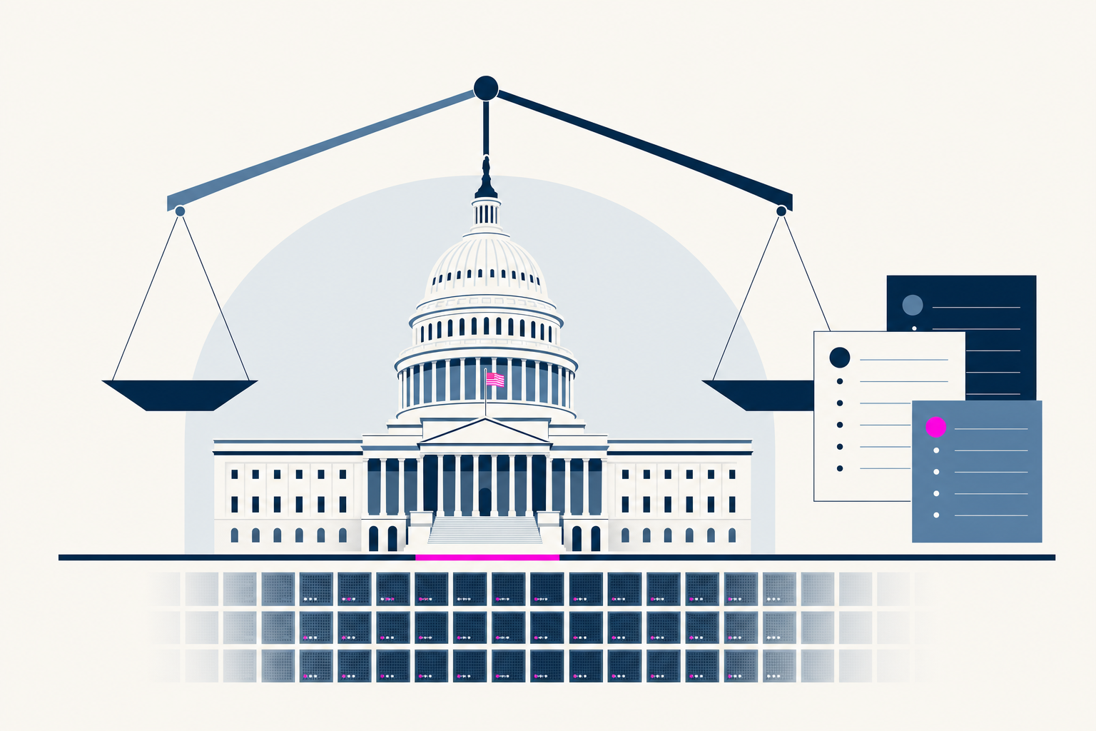 Stylized US Capitol illustration symbolizing AI safety regulation oversight