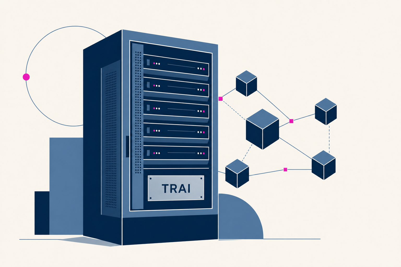 Minimal illustration of a telecom anti-spam blockchain node hardware rack.