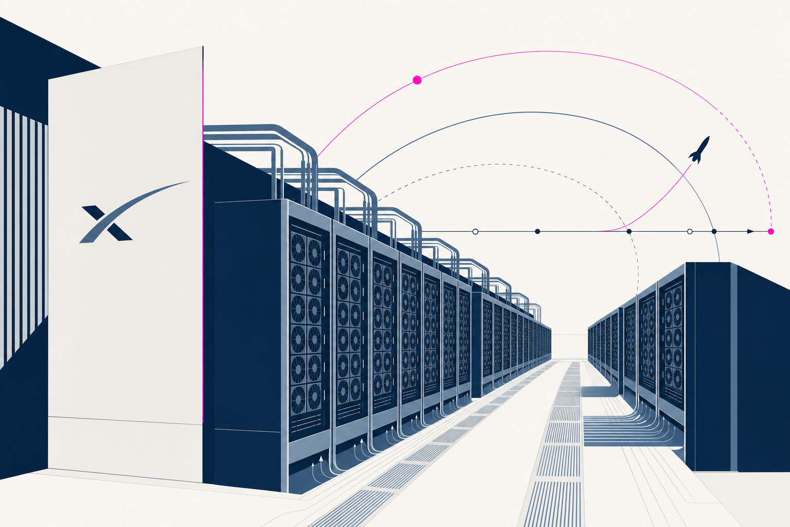 Abstract illustration of SpaceX Grok 4.7 serving infrastructure in GPU racks.