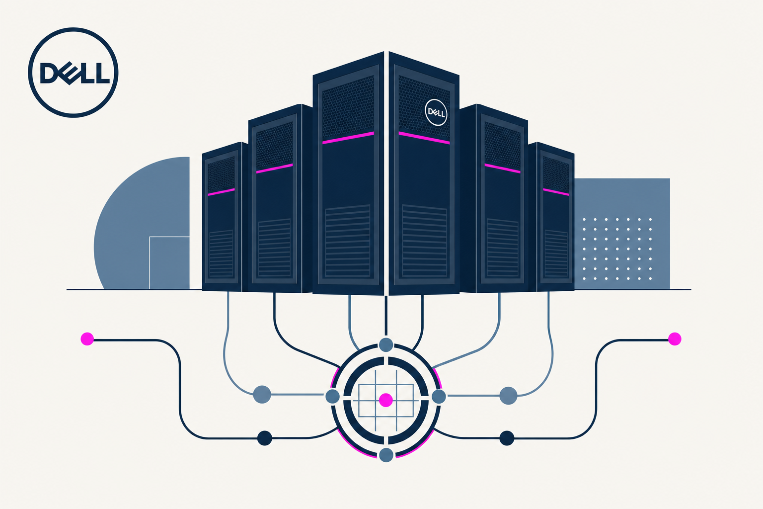 Dell AI Factory illustrated server racks with connected data pipeline shapes