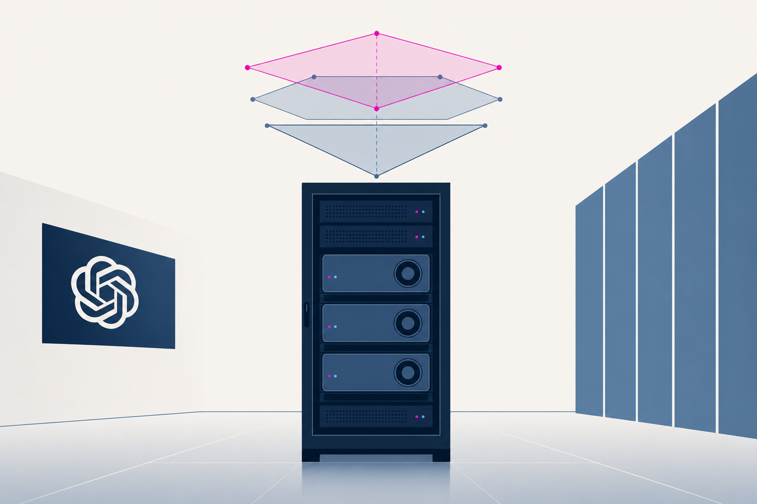 Minimal OpenAI server rack illustration symbolizing AI safety evaluation infrastructure.