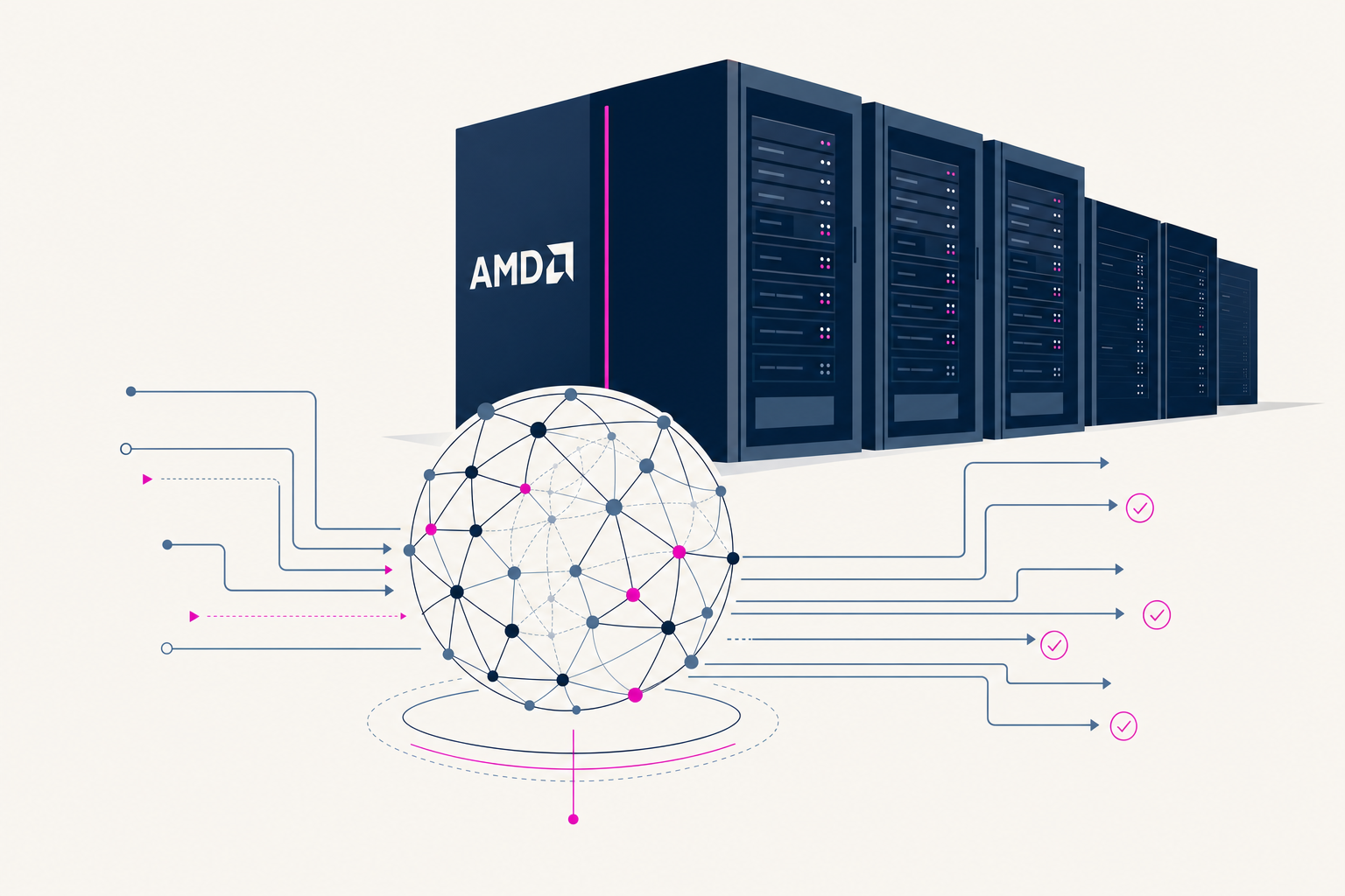 Minimal editorial scene of AMD hardware and an abstract world-model lattice.