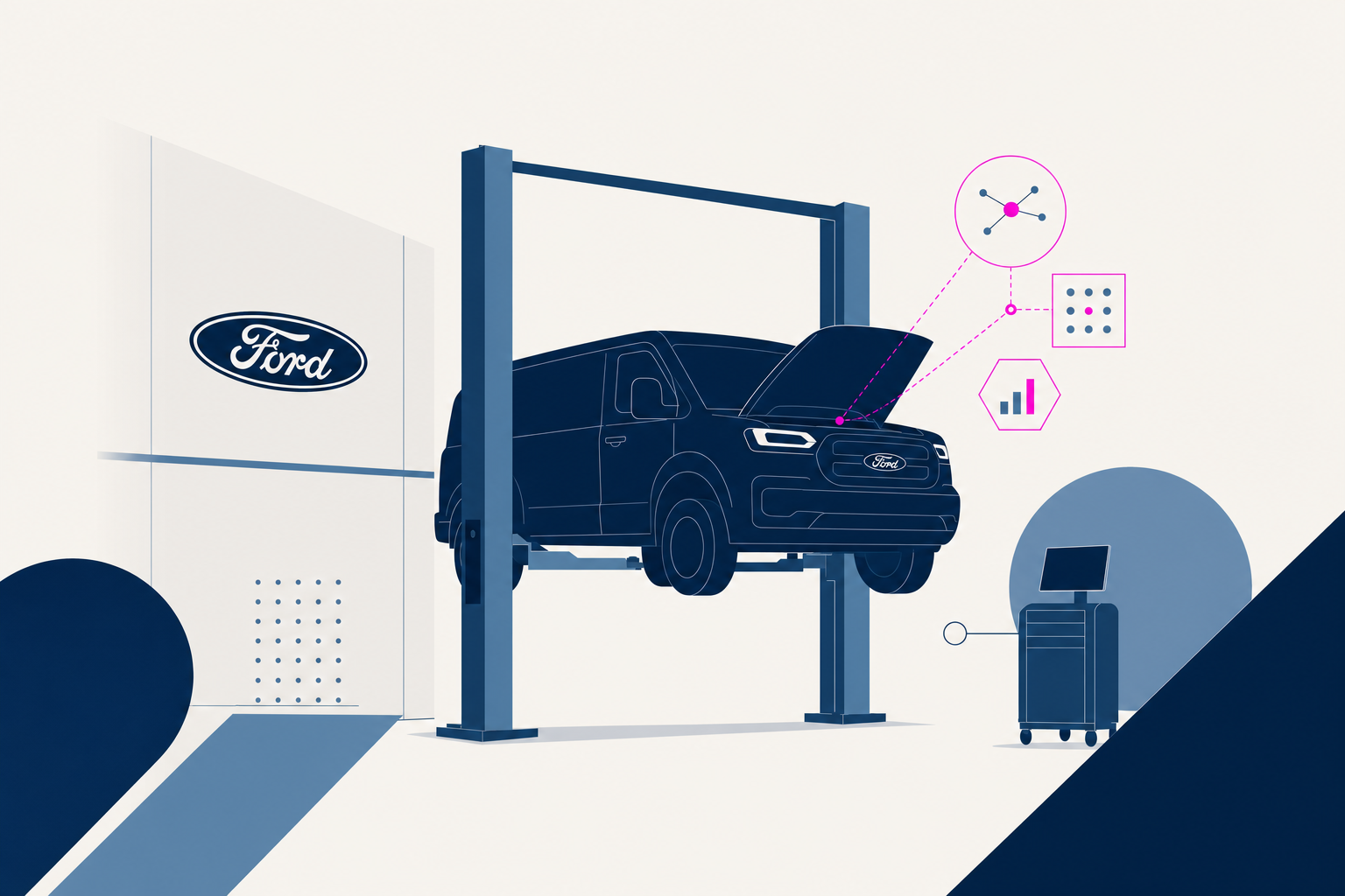 Ford Pro-style service bay showing AI-assisted maintenance guidance for technicians