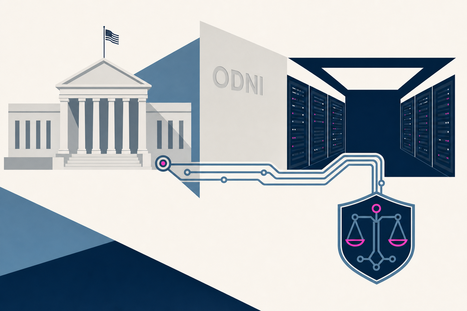 Minimal illustration of ODNI-led AI policy oversight infrastructure and secure racks.