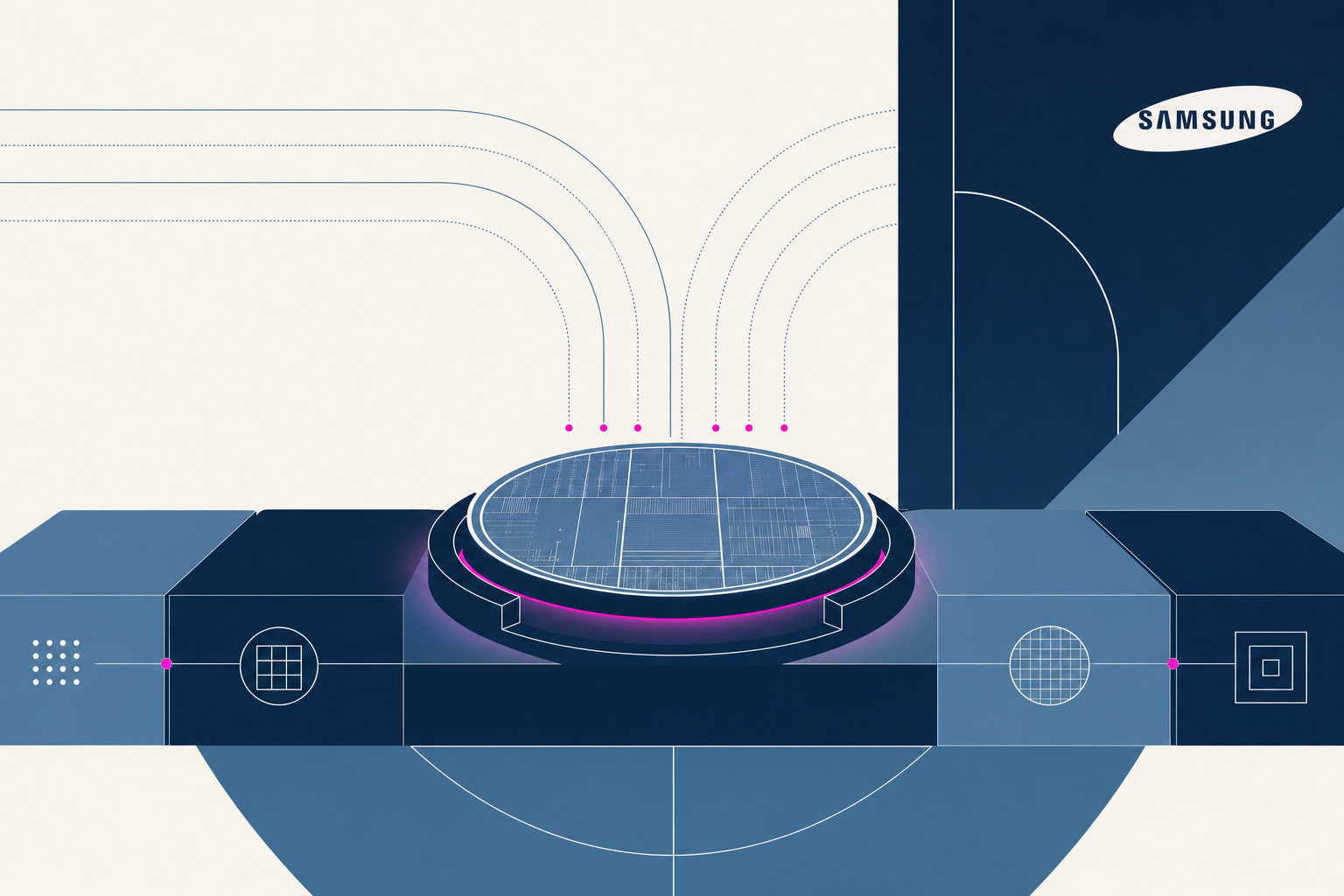 Minimal illustration of a Samsung semiconductor wafer in a cleanroom tray
