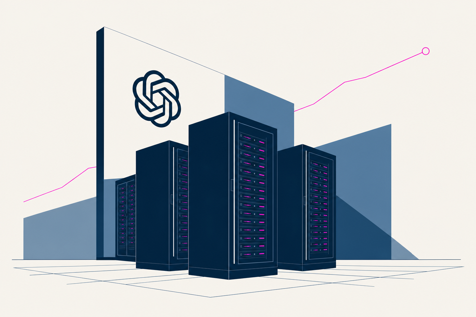 Illustrated OpenAI datacenter servers symbolizing revenue reporting scrutiny