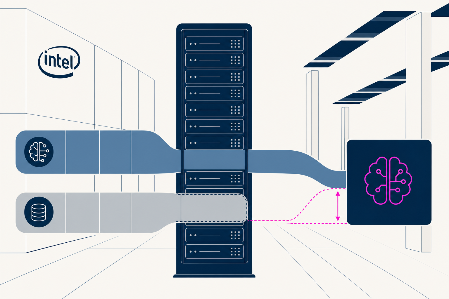 Illustration of Intel AI compute racks showing a 50% supply shortfall