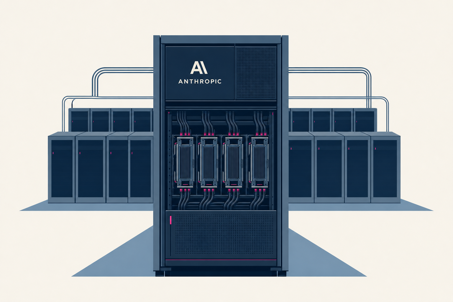 Abstract illustration of Anthropic-branded GPU racks for Claude compute.