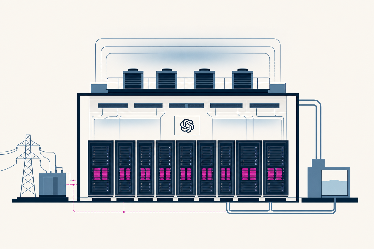 Illustration of OpenAI-style GPU server racks in a data center hall.