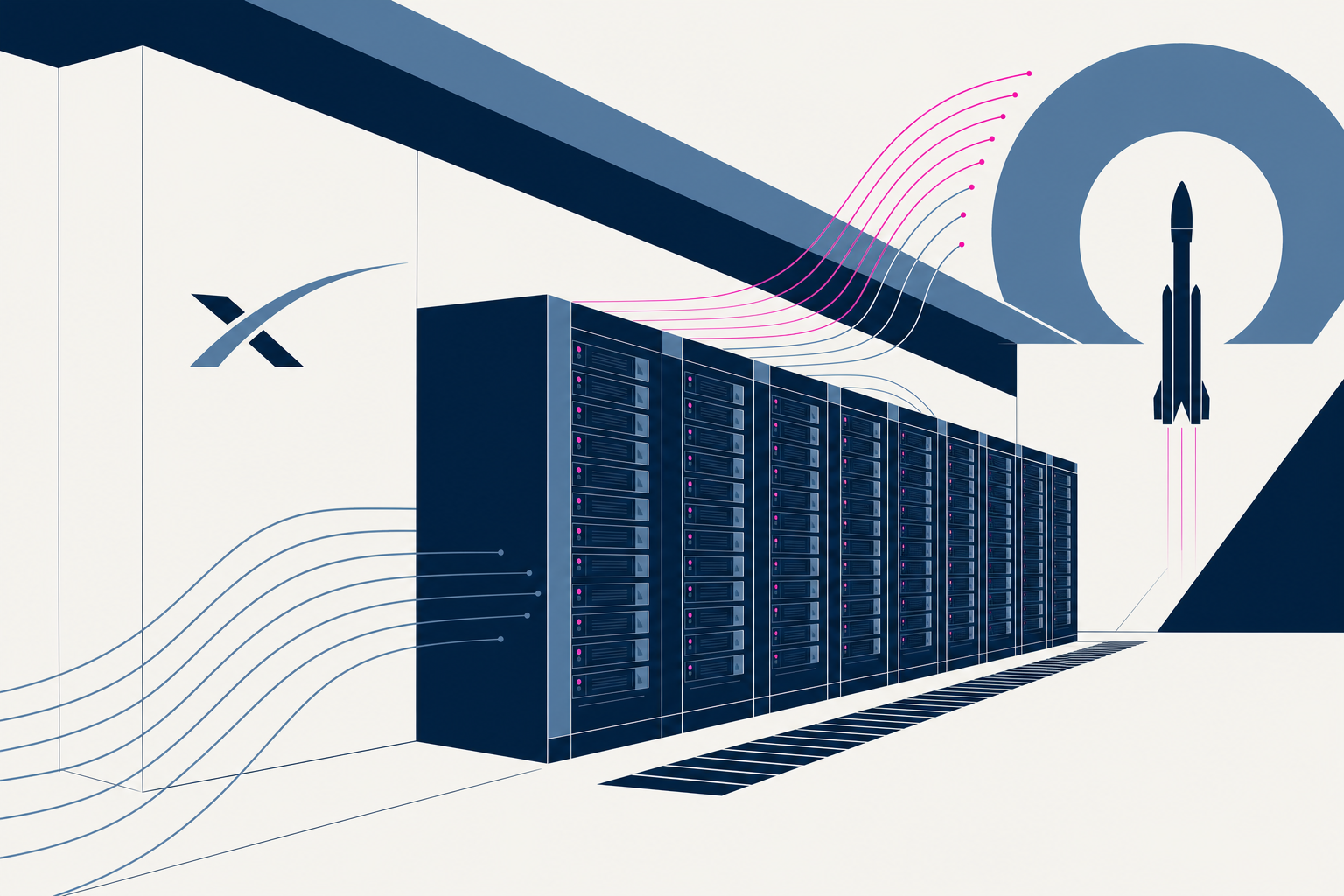 Abstract illustration of SpaceX’s Super Intelligence compute facility hardware.