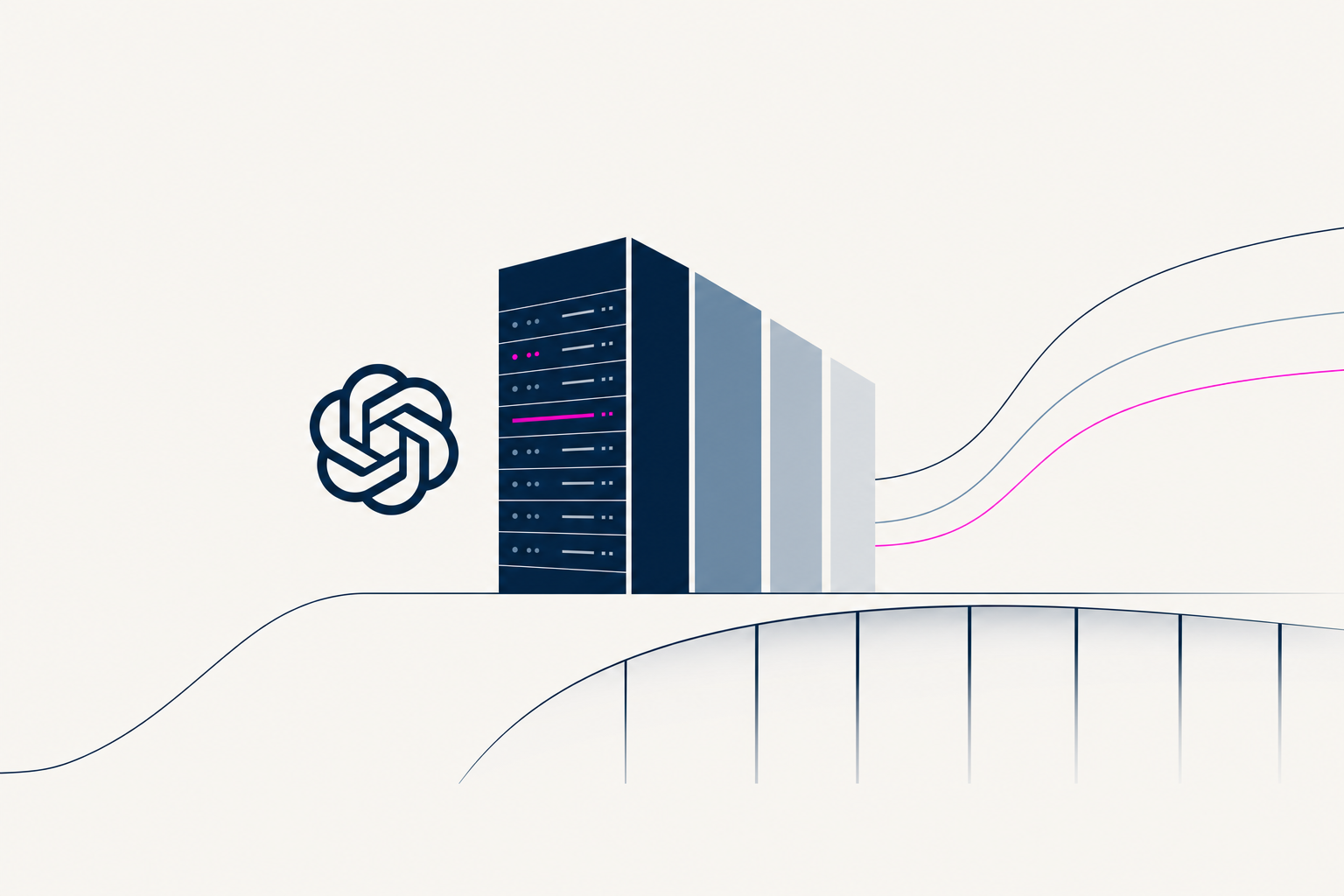 Minimal editorial illustration of OpenAI funding runway using abstract server forms.