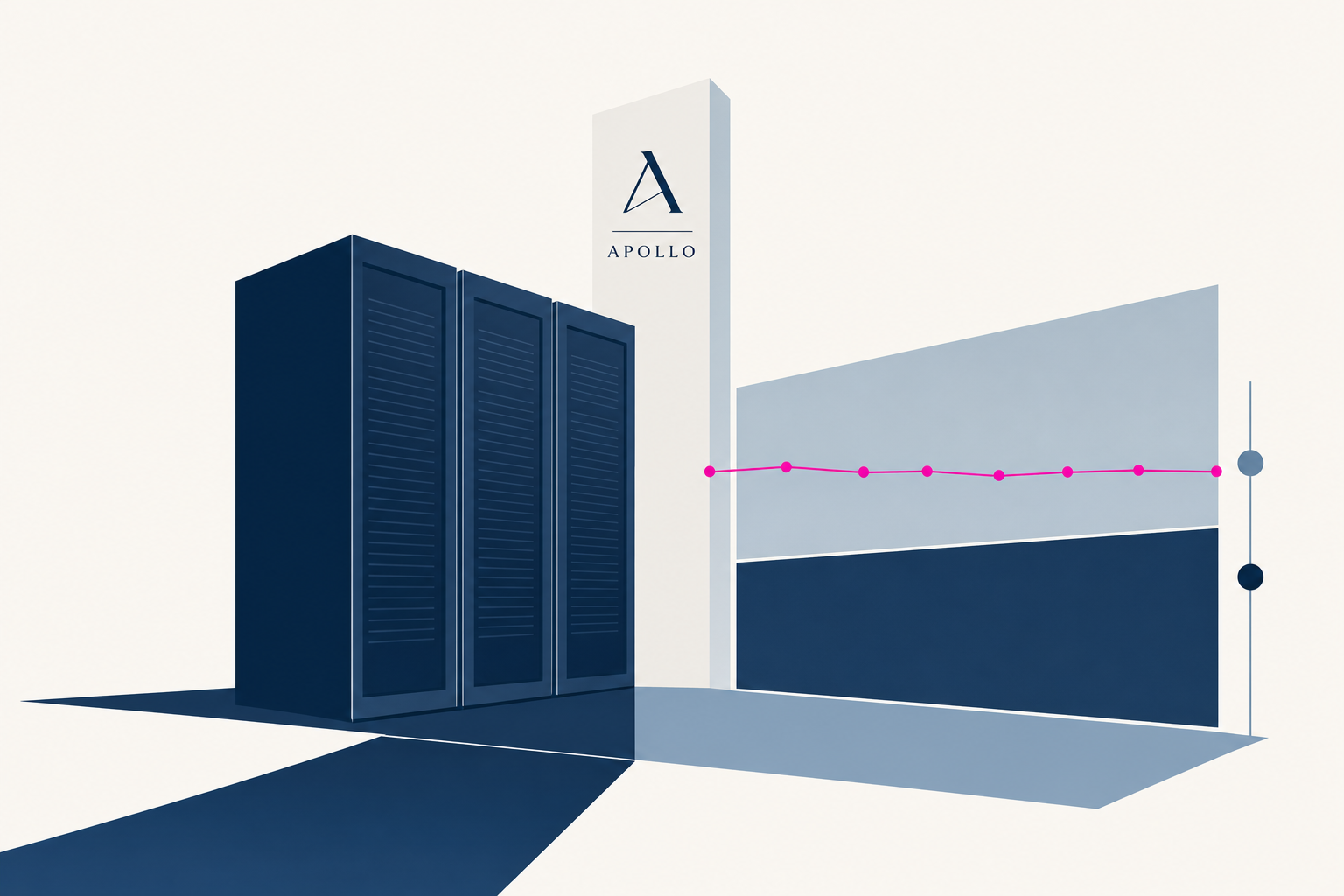 Apollo-themed illustration of servers meeting a flat revenue-per-worker ledger.