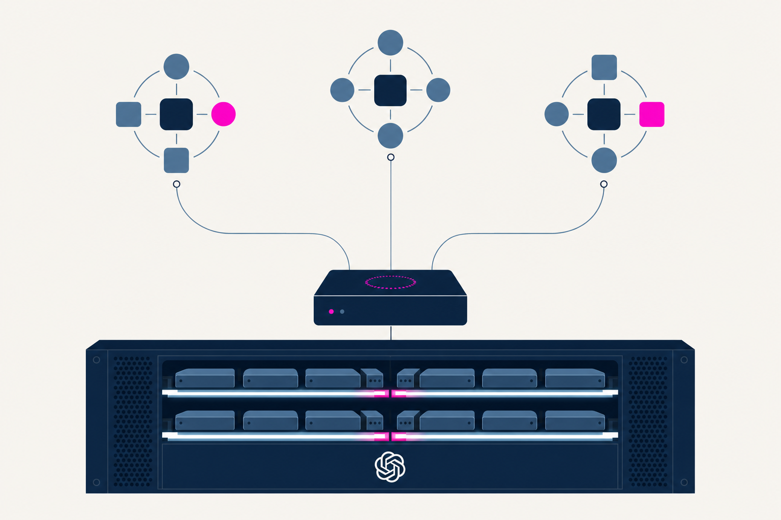 Minimal illustration of an OpenAI compute rack powering always-on AI agents.