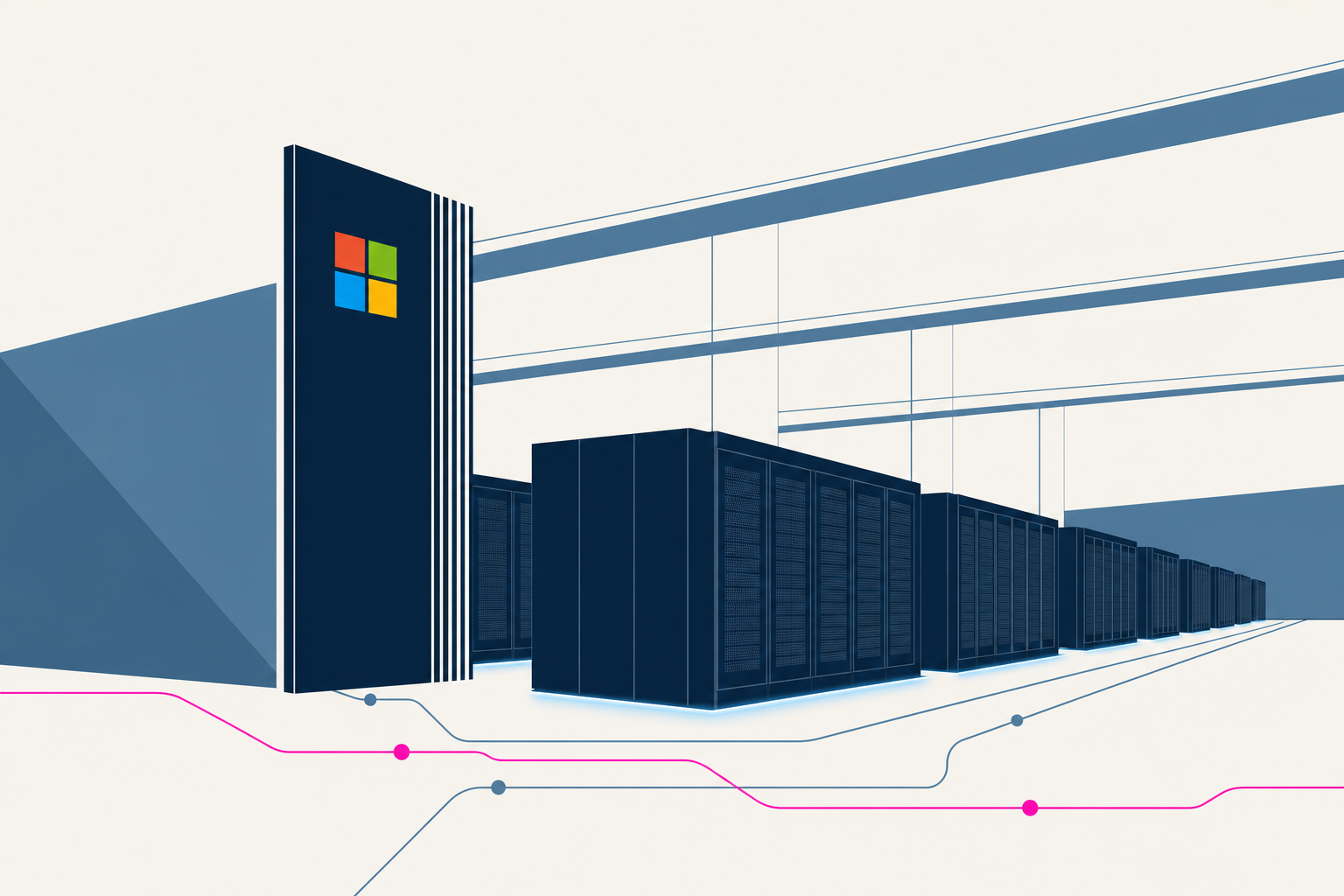 Minimal editorial illustration of Microsoft Azure AI GPU racks in a datacenter.